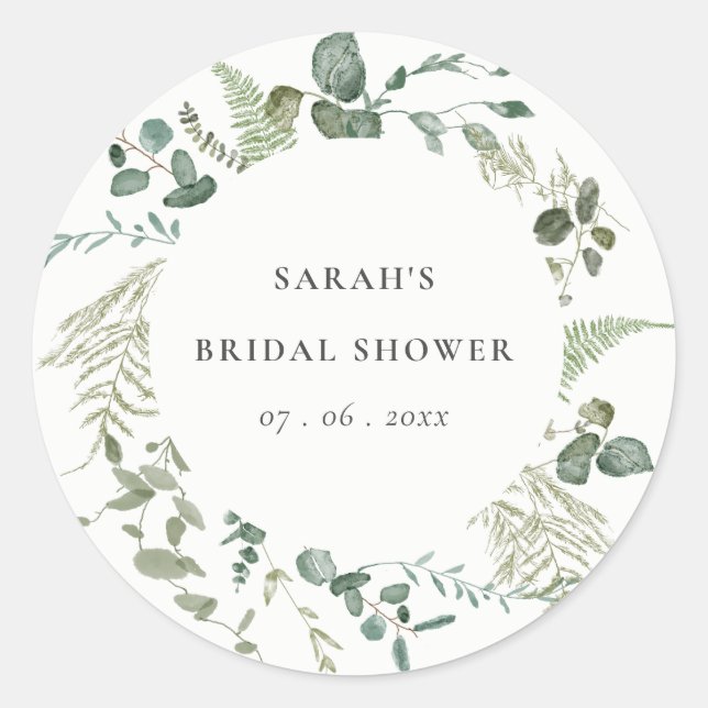 Botanical Eucalyptus Watercolor Bridal Shower Classic Round Sticker (Front)