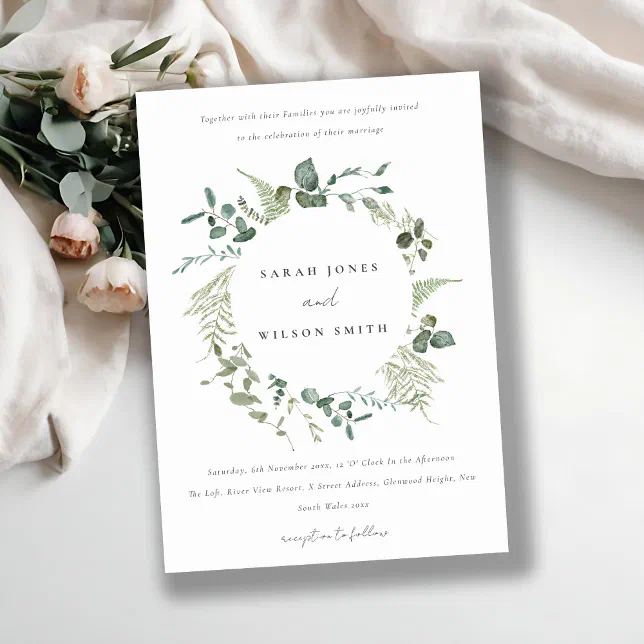 Botanical Eucalyptus Watercolor Wreath Wedding Invitation | Zazzle