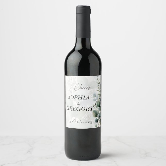 Botanical Eucalyptus Wedding Wine Bottle Label Set (Front)