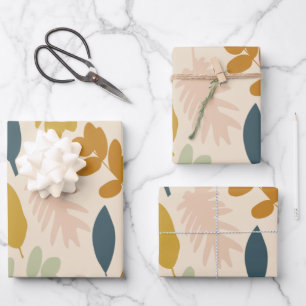 Botanical Fall Flowers and Leaves Pattern Wrapping Paper Sheet