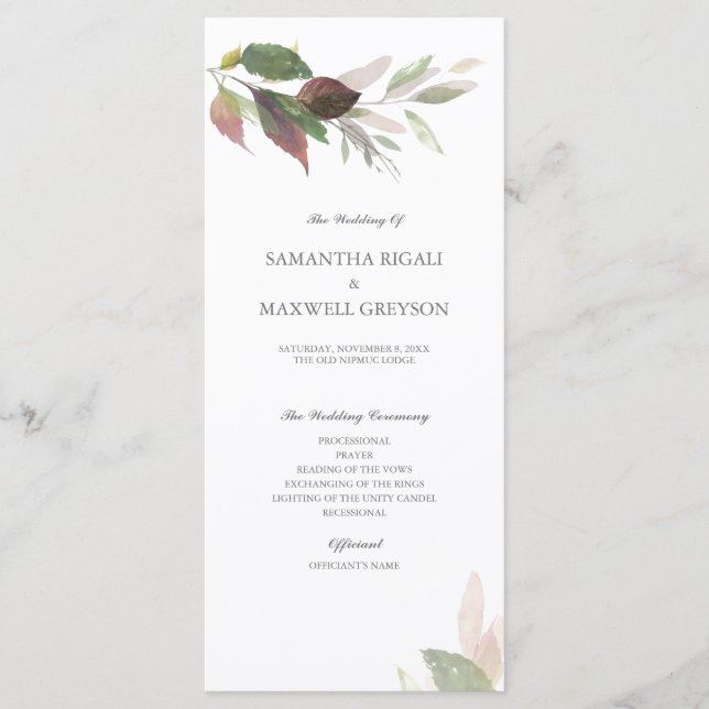 Botanical Fall Foliage Wedding Program Programme (Front)