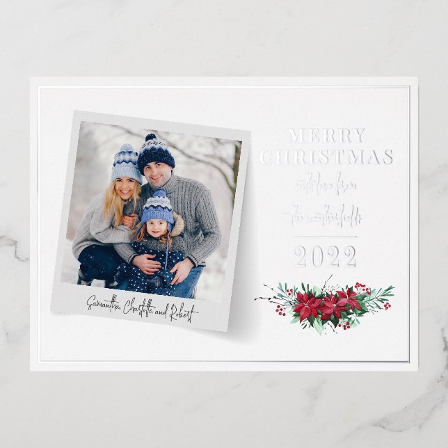 Botanical Family Photo Christmas Silver Foil Holiday Postcard (Front)