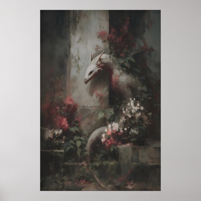 Botanical Fantasy Dragon Art, Gothic Creature Poster (Front)