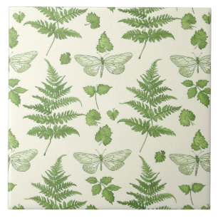Botanical Fern Design Green Yellow Ceramic Tile