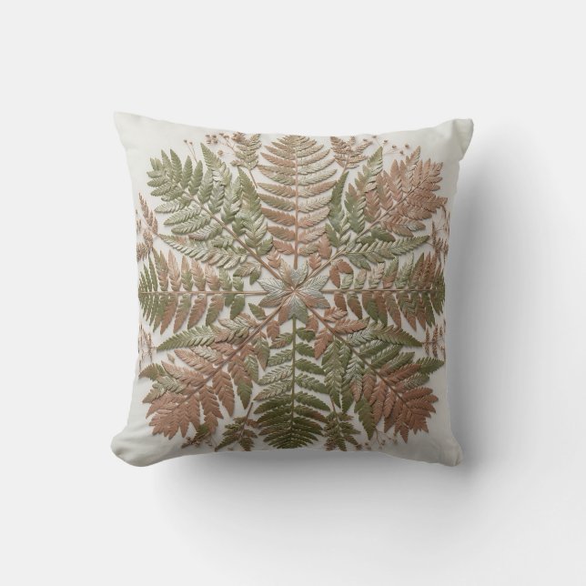 Botanical Fern Green Copper Pressed Leaves Cushion (Front)