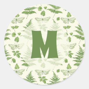 Botanical Fern Green Yellow Initial Classic Round Sticker