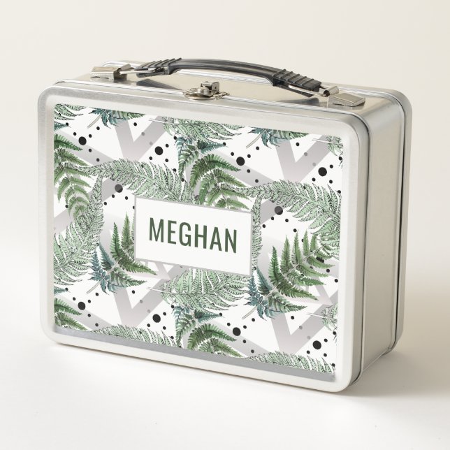 Botanical Fern & Polka Dots Customisable Metal Lunch Box (Front)