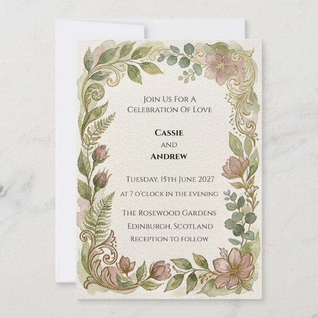 Botanical Fern Vintage Wedding Invitation (Front)