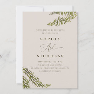 Botanical Fern Wedding + Photo & QR Warm Taupe Invitation