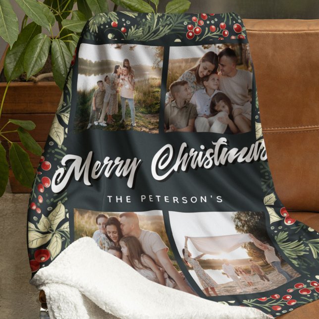 Botanical Festive 4 Photo Collage Christmas Fleece Blanket (Creator Uploaded)