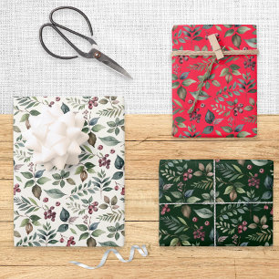 Botanical Festive Greenery and Berries Christmas Wrapping Paper Sheet