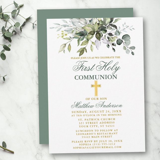 Botanical First Communion Gold Sage Green Invitation (Customize to change text color, text style or color of back of card.)