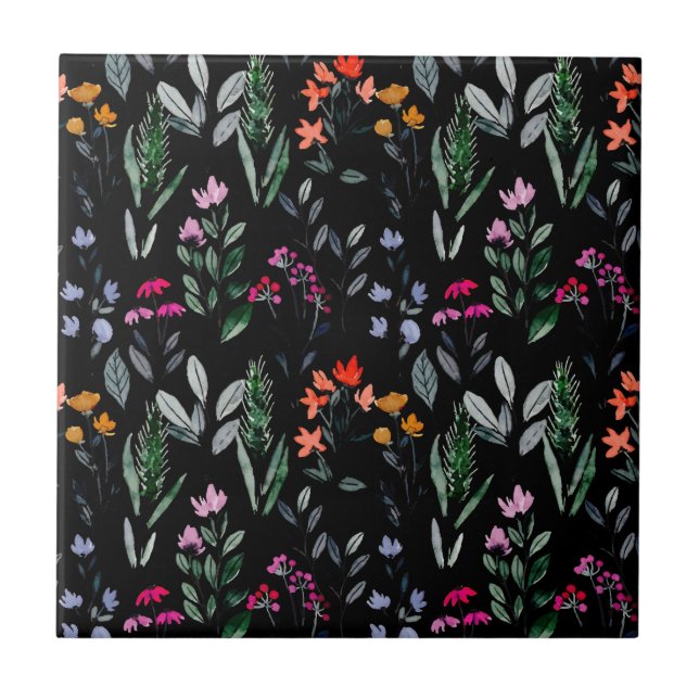 Botanical floral and leaf Cool black pattern decor Tile (Front)