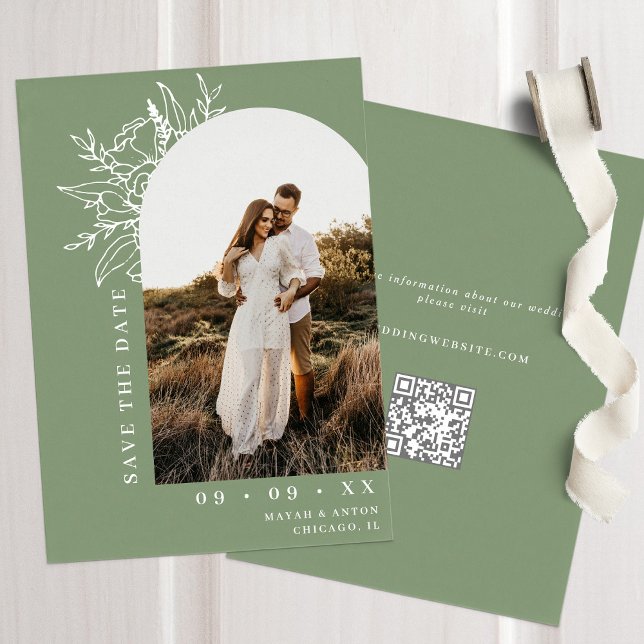 Botanical Floral Arch Photo QR Code Sage Wedding Save The Date (Creator Uploaded)