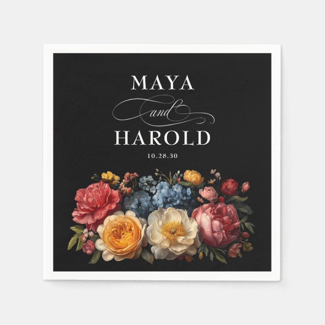 Botanical Floral Black Moody Wedding Napkin (Front)