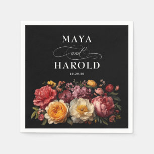 Botanical Floral Black Moody Wedding Napkin