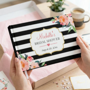 Botanical Floral Black White Stripes Bridal Shower Guest Book