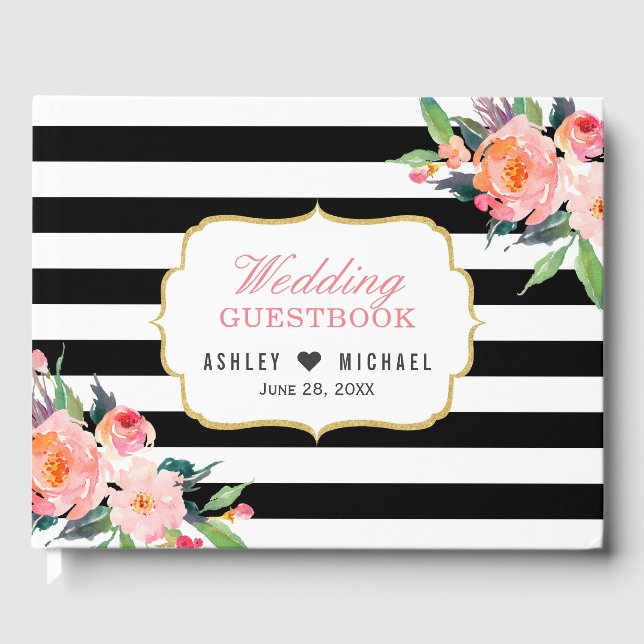 Botanical Floral Black White Stripes Wedding Guest Book (Front)