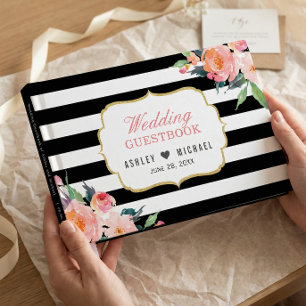 Botanical Floral Black White Stripes Wedding Guest Book