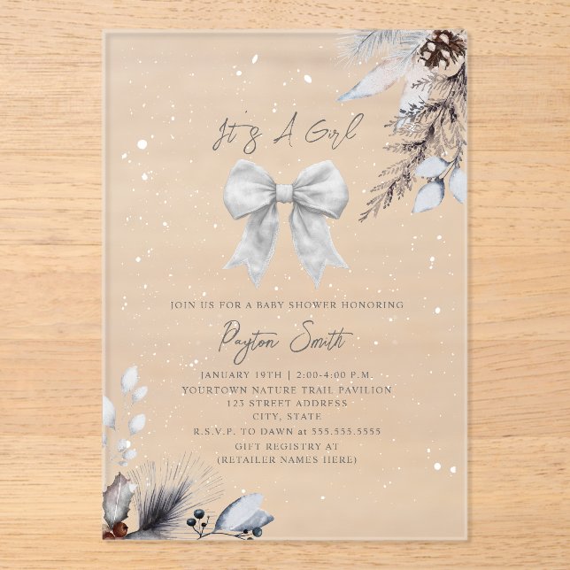 Botanical Floral Bow Winter Girl Baby Shower  Acrylic Invitations (Front)