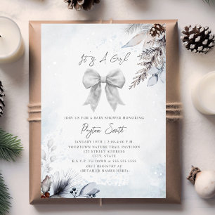 Botanical Floral Bow Winter Girl Baby Shower Invitation