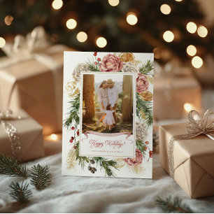 Botanical Floral Coastal Plaid Photo Happy Holiday Card