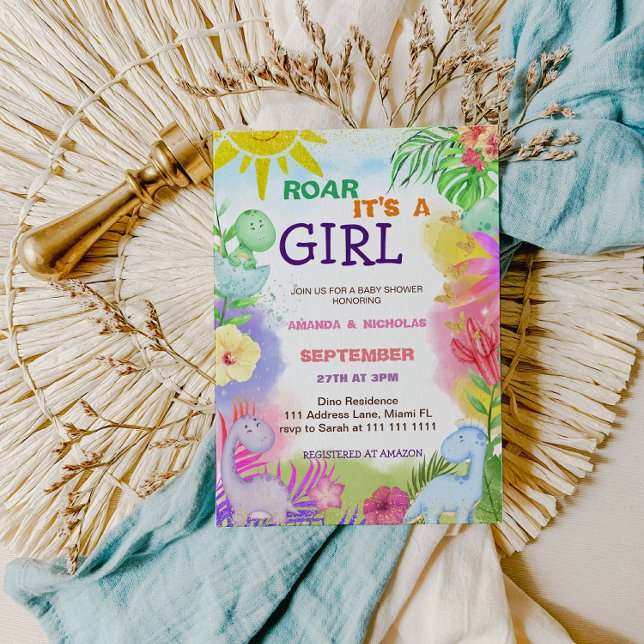 Botanical Floral Cute Dinosaur Baby Girl Shower Invitation (Creator Uploaded)
