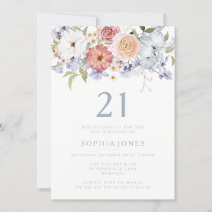 Botanical Floral Dusty Blue 21st Birthday Party Invitation