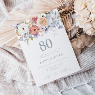 Botanical Floral Dusty Blue 80th Birthday Party Invitation