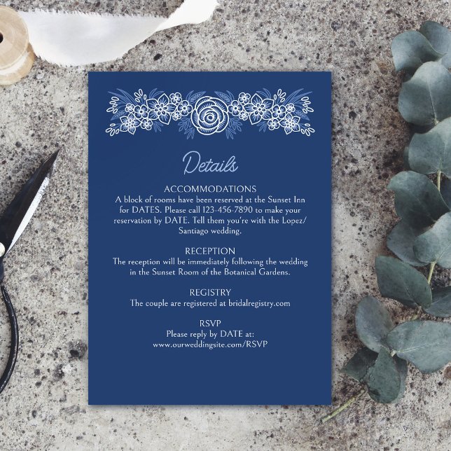 Botanical Floral Dusty Blue Navy Wedding Details Enclosure Card (Creator Uploaded)