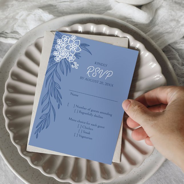 Botanical Floral Dusty Blue Navy Wedding RSVP Card (Creator Uploaded)