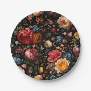 Botanical Floral Dutch Baroque Fine Art Black Paper Plate