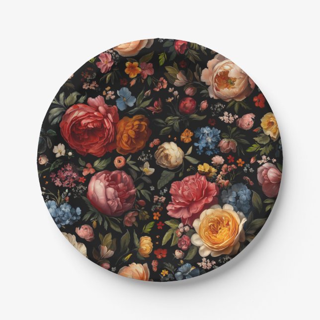 Botanical Floral Dutch Baroque Fine Art Black Paper Plate (Front)