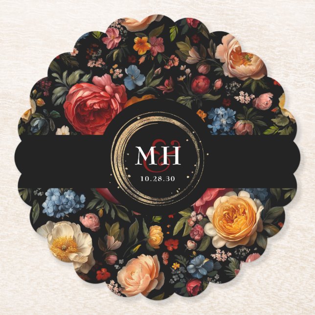 Botanical Floral Dutch Baroque Wedding Monogram Paper Coaster (Front)