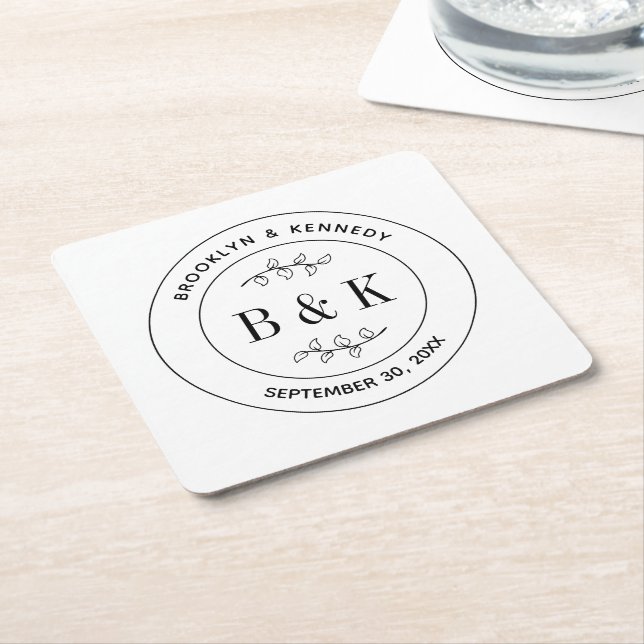 Botanical Floral Fun Monogram Wedding Couple Name Square Paper Coaster (Angled)