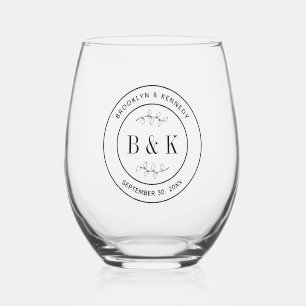 Botanical Floral Fun Monogram Wedding Couple Name Stemless Wine Glass