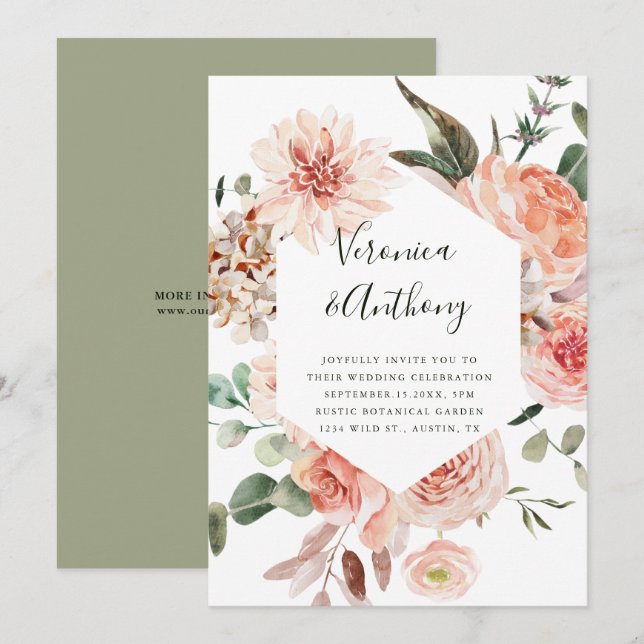 Botanical Floral Garden Elegant Hexagon Wedding Invitation (Front/Back)