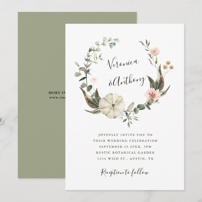 Botanical Floral Garden Elegant Wreath Wedding Invitation (Front/Back)