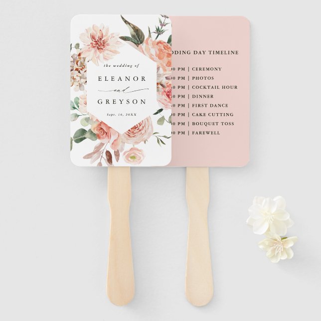 Botanical Floral Garden Hexagon Wedding Timeline Hand Fan (Front and Back)