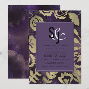 Botanical Floral Garden Rose Gold Purple Wedding Invitation