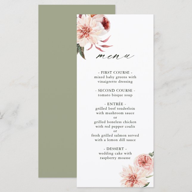 Botanical Floral Garden Watercolor Wedding Menu (Front/Back)