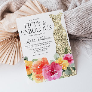 Botanical Floral Gold Dress 50th Birthday Party Invitation