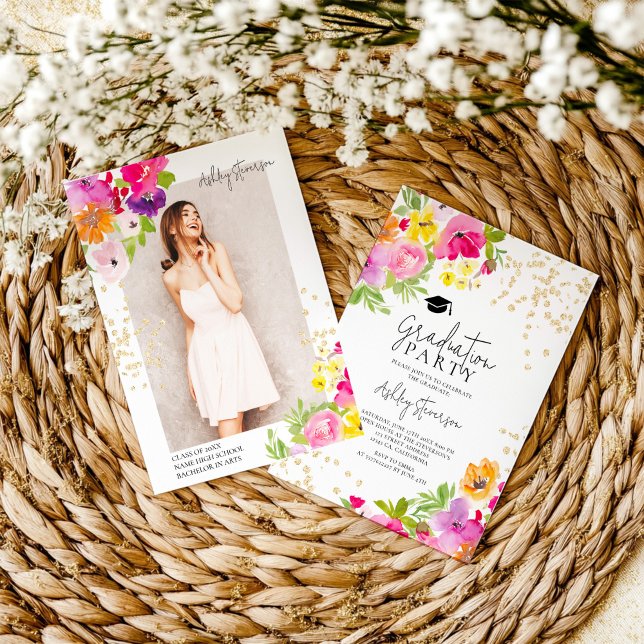 Botanical floral Gold glitter photo graduation Announcement (Botanical floral Gold glitter photo graduation Announcement)