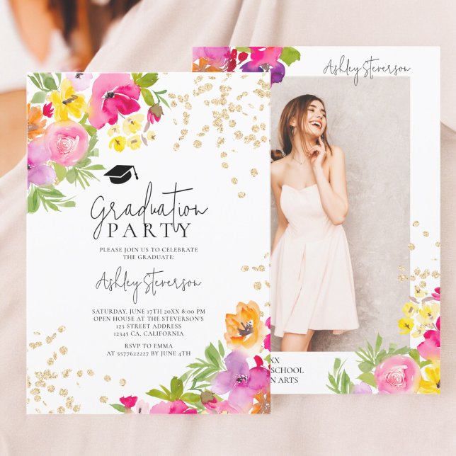 Botanical floral Gold glitter photo graduation Invitation (Botanical floral Gold glitter photo graduation Invitation)