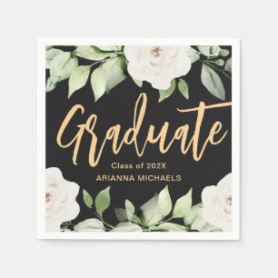 Botanical Floral Graduate Script Graduation Black Napkin