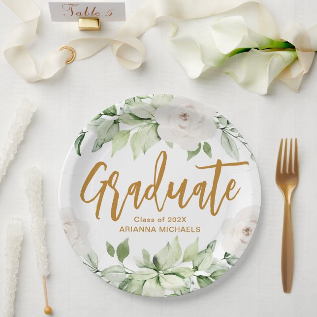 Botanical Floral Graduate Script Graduation  Paper Plate (Wedding)