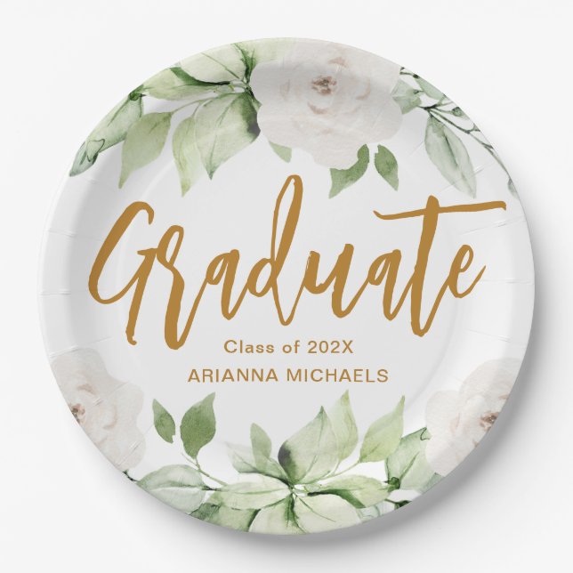 Botanical Floral Graduate Script Graduation White Paper Plate (Front)