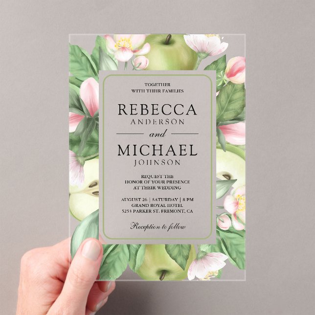 Botanical Floral Green Apple Orchard Wedding Acrylic Invitations (Insitu (Handheld))