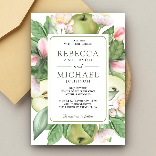 Botanical Floral Green Apple Orchard Wedding Invitation (Creator Uploaded)