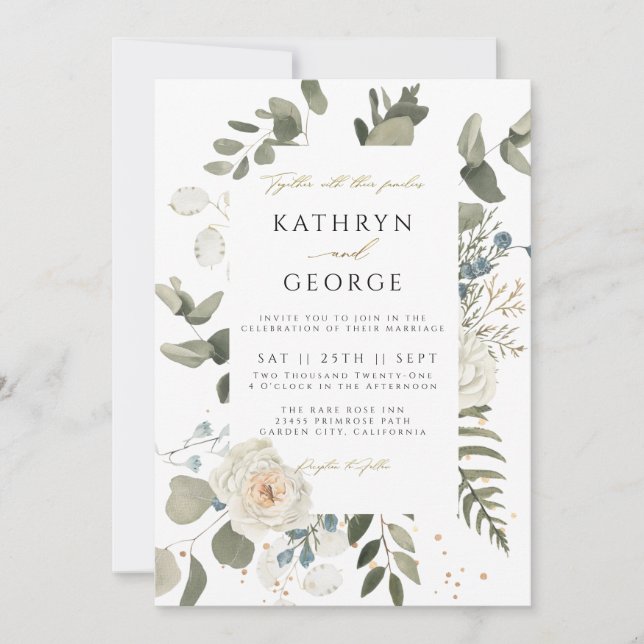 Botanical Floral Greenery Gold Calligraphy Wedding Invitation (Front)
